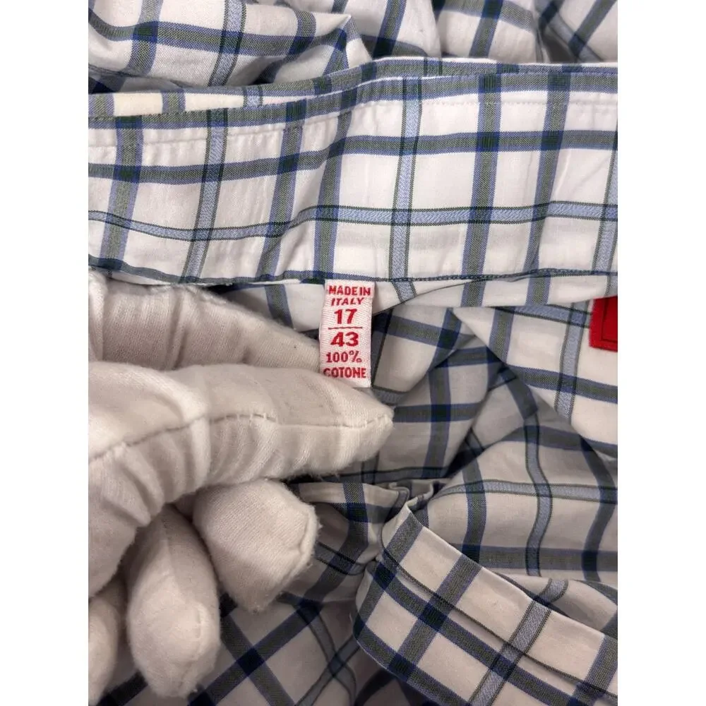 ISAIA Dress Shirt 17 / 43 Mens White & Gray Windowpane Check
